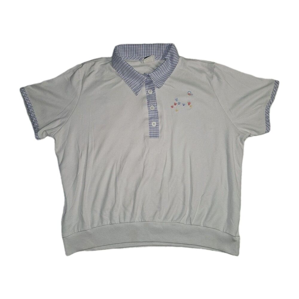 Womens Gingham XL White Blue Cottagecore Blouse Embroidered Butterflies Floral